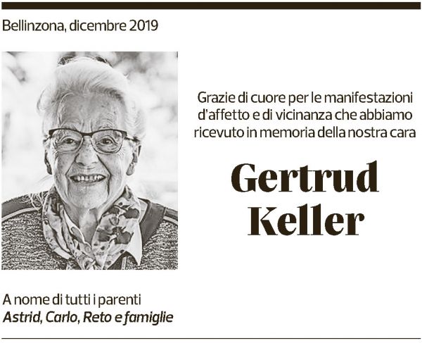 Annuncio funebre Gertrud Keller