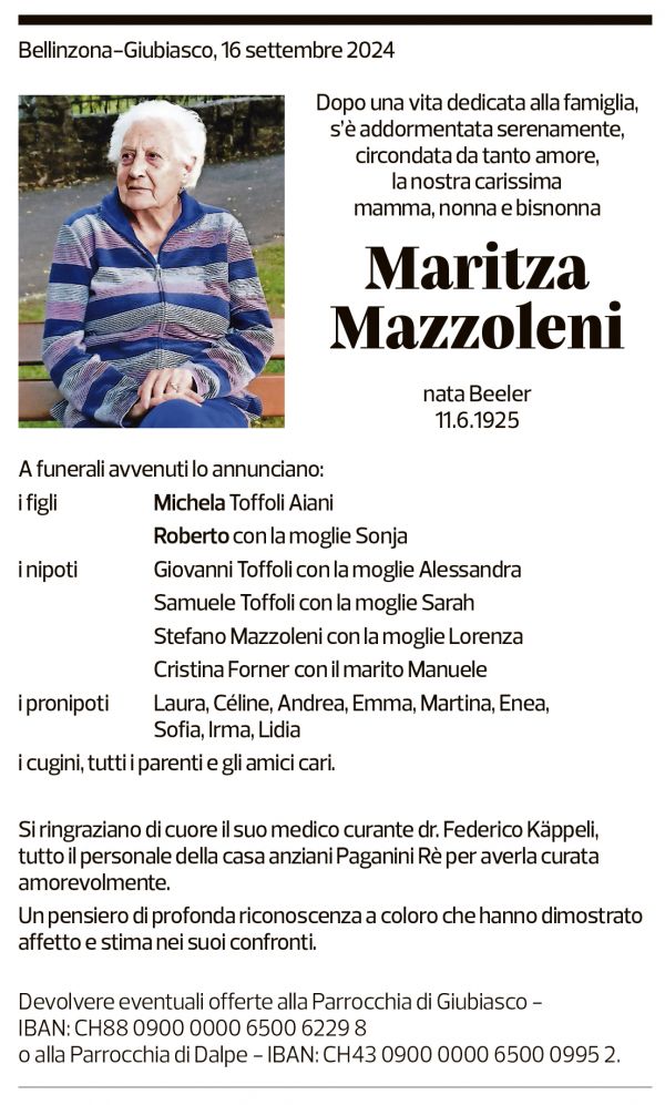 Annuncio funebre Maritza Mazzoleni