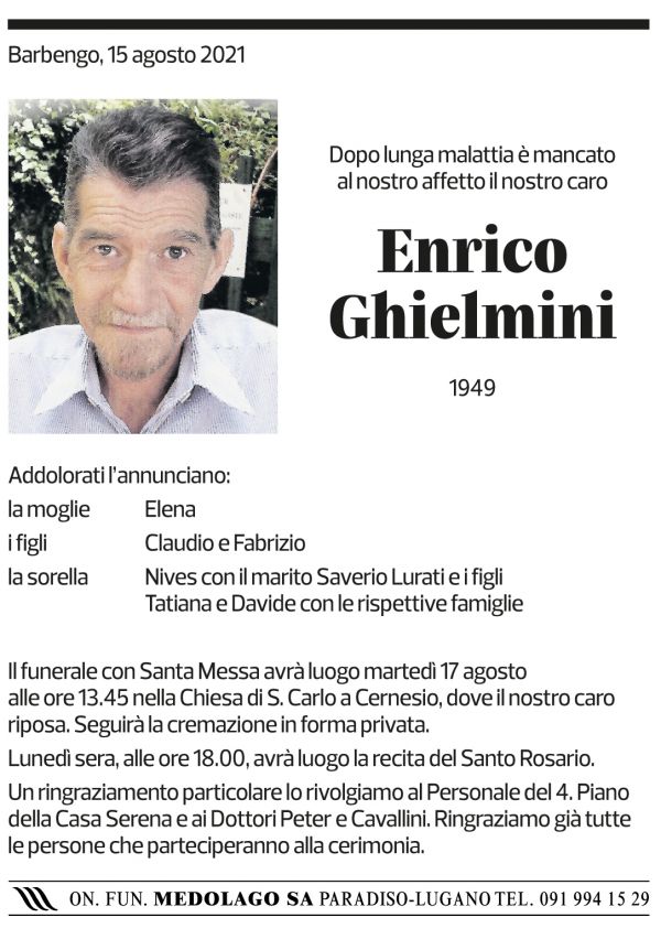 Annuncio funebre Enrico Ghielmini