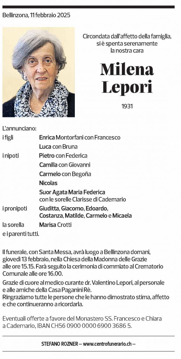 Annuncio funebre Milena Lepori