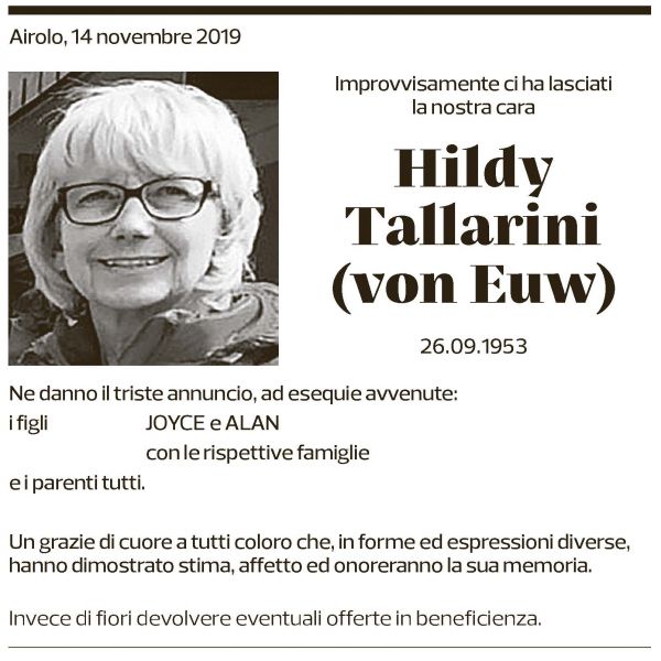 Annuncio funebre Hildy Tallarini (von Euw)