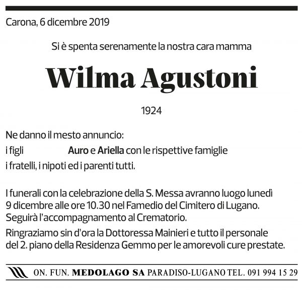 Annuncio funebre Wilma Agustoni