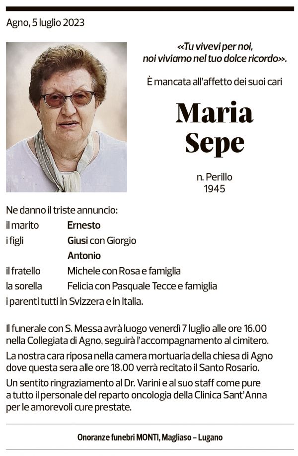 Annuncio funebre Maria Sepe