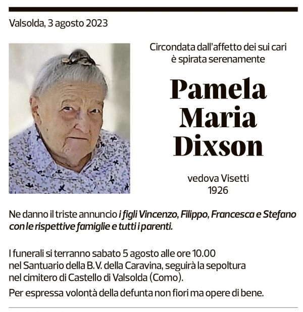 Annuncio funebre Pamela Maria Dixson