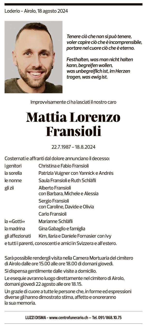 Annuncio funebre Mattia Lorenzo Fransioli