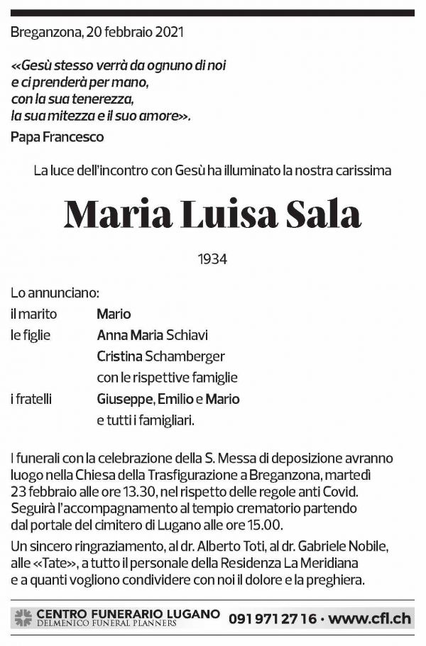 Annuncio funebre Maria Luisa Sala