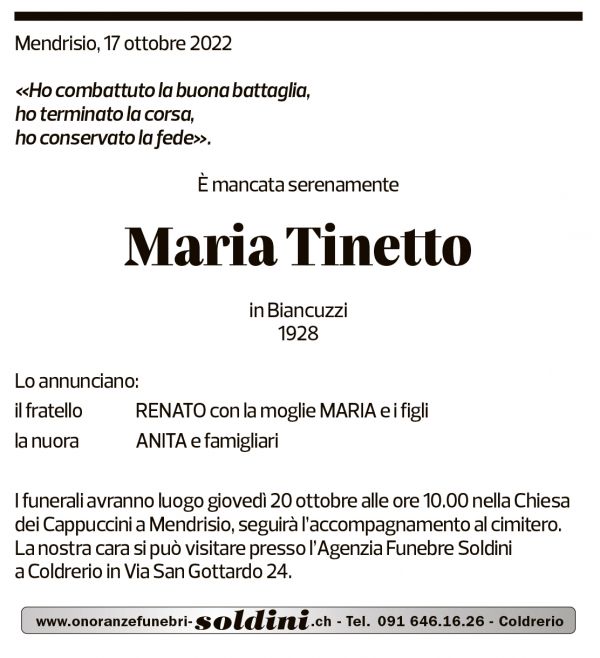 Annuncio funebre Maria Tinetto