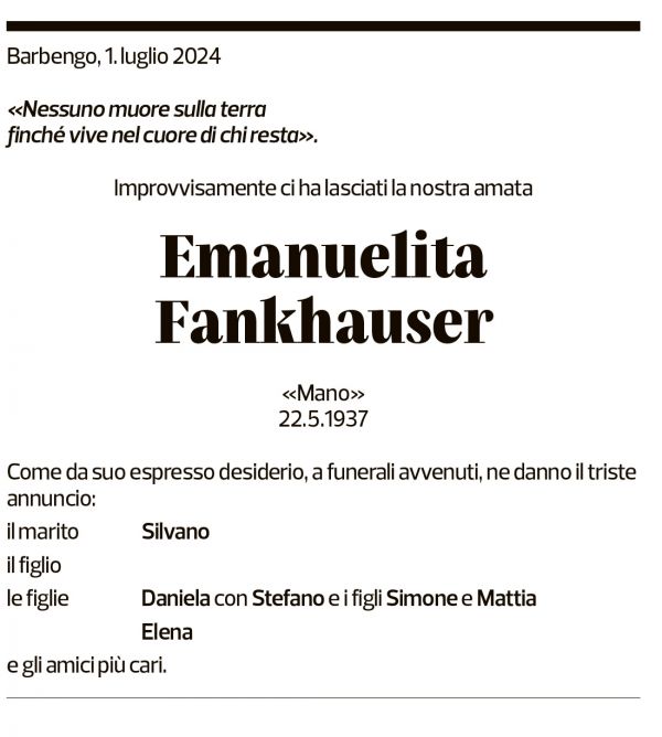 Annuncio funebre Emanuelita Fankhauser