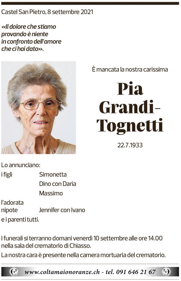 Annuncio funebre Pia Grandi-tognetti