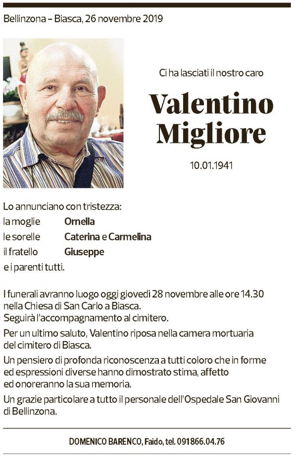 Annuncio funebre Valentino Migliore