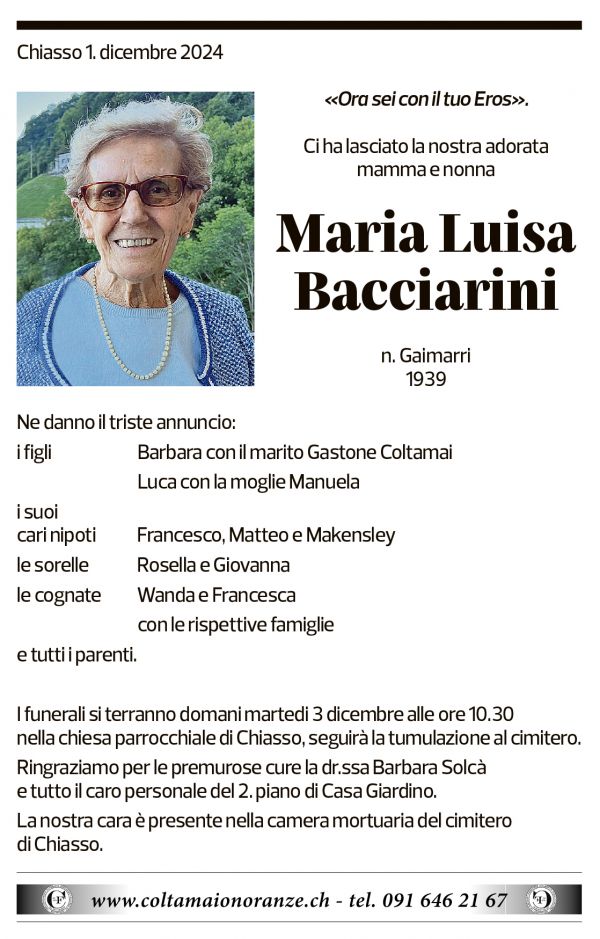 Annuncio funebre Maria Luisa Bacciarini