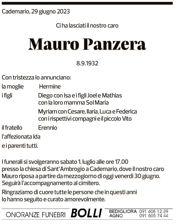 Annuncio funebre Mauro Panzera