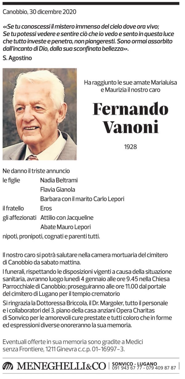 Annuncio funebre Fernando Vanoni