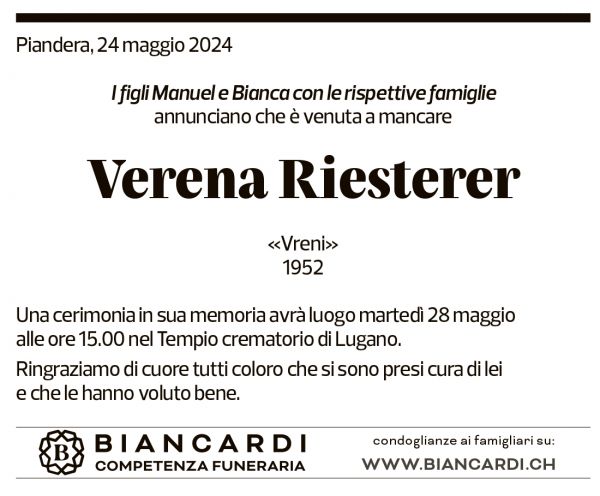 Annuncio funebre Verena Riesterer