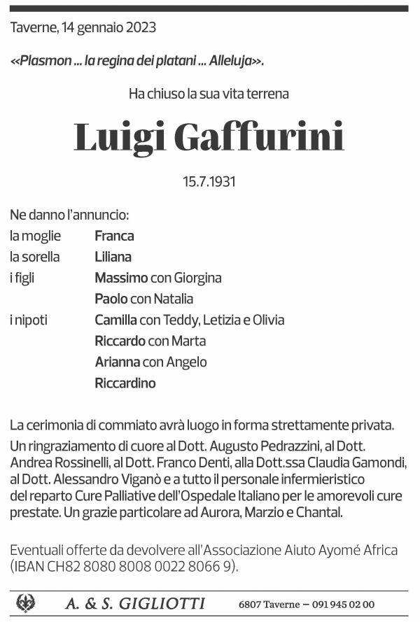 Annuncio funebre Luigi Gaffurini