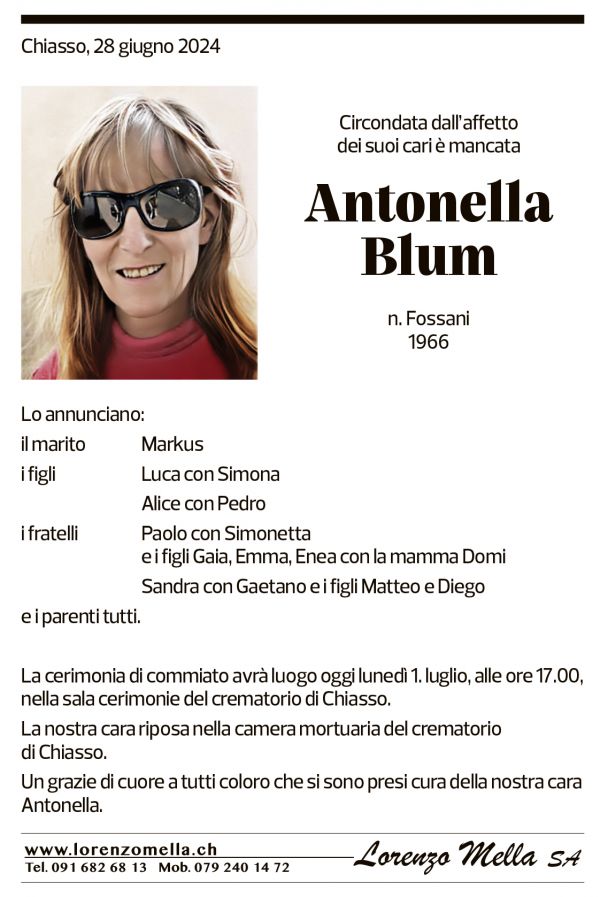 Annuncio funebre Antonella Blum