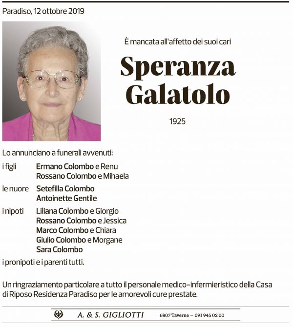 Annuncio funebre Speranza Galatolo