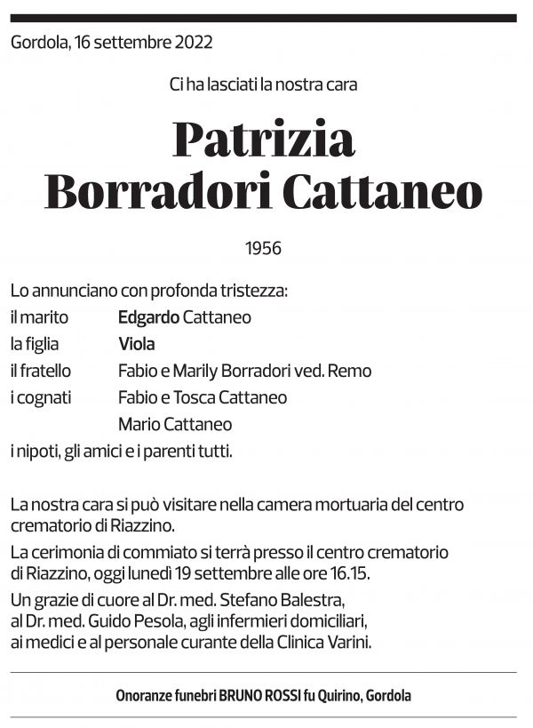 Annuncio funebre Patrizia Borradori Cattaneo