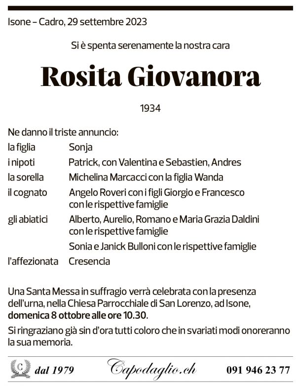 Annuncio funebre Rosita Giovanora