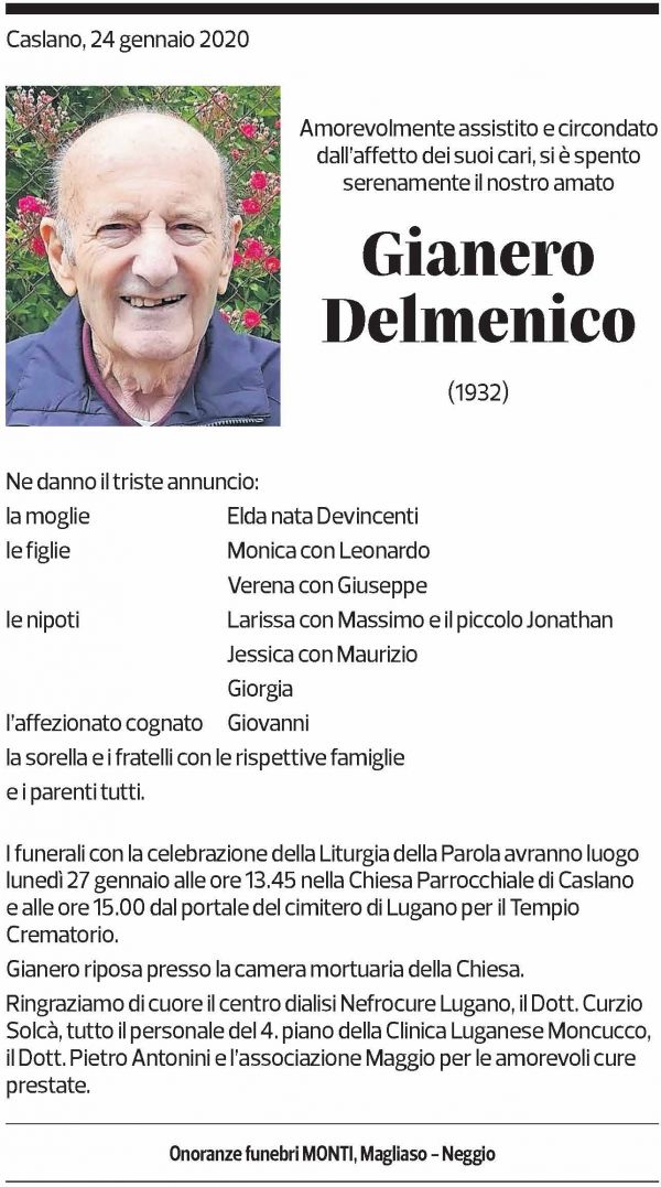 Annuncio funebre Gianero Delmenico