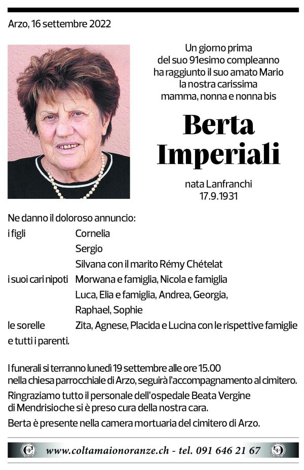 Annuncio funebre Berta Imperiali