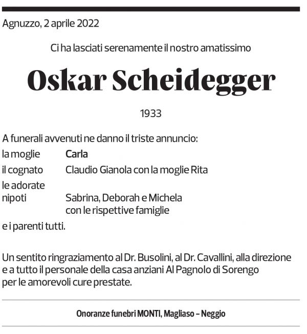 Annuncio funebre Oskar Scheidegger