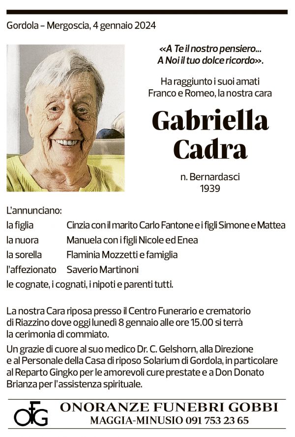 Annuncio funebre Gabriella Cadra