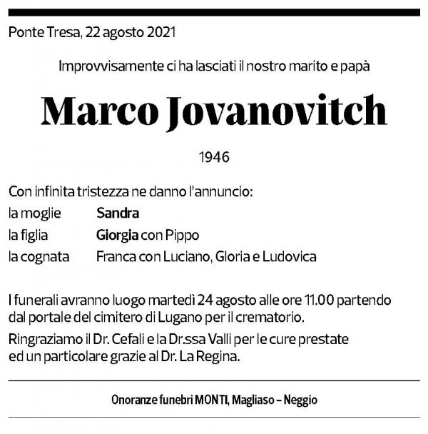 Annuncio funebre Marco Jovanovitch