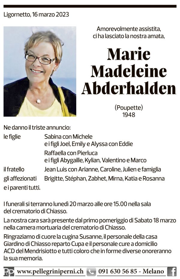 Annuncio funebre Marie Madeleine Abderhalden