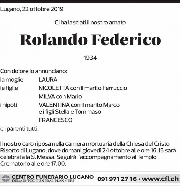 Annuncio funebre Rolando Federico