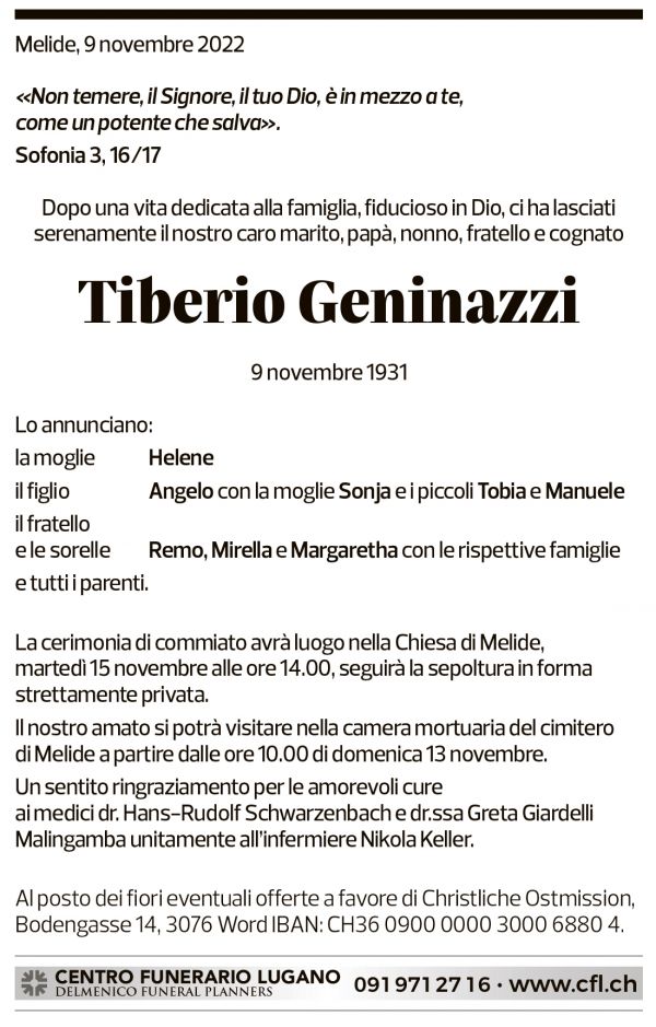 Annuncio funebre Tiberio Geninazzi