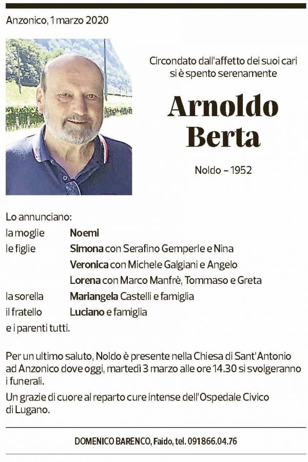 Annuncio funebre Arnoldo Berta