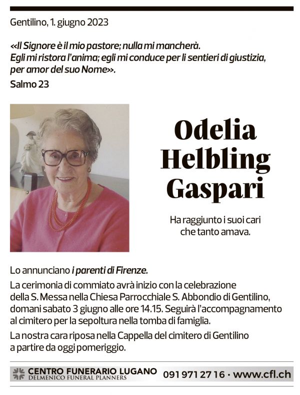 Annuncio funebre Odelia Helbling Gaspari