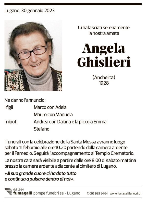 Annuncio funebre Angela Ghisleri