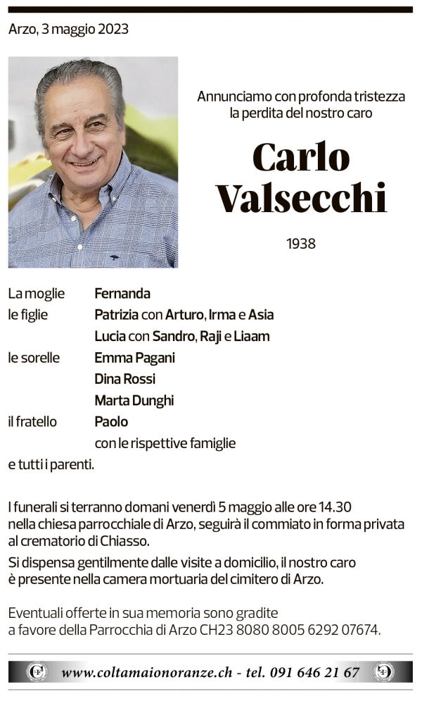 Annuncio funebre Carlo Valsecchi