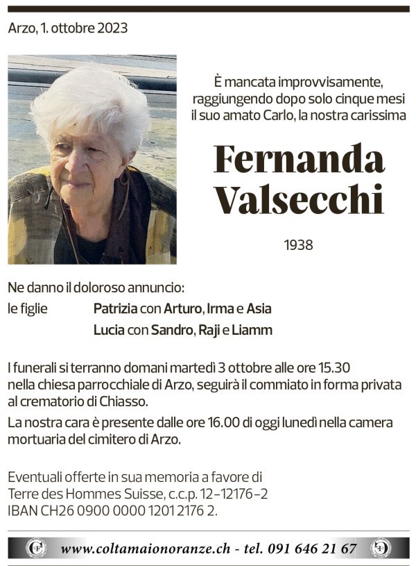 Annuncio funebre Fernanda Valsecchi