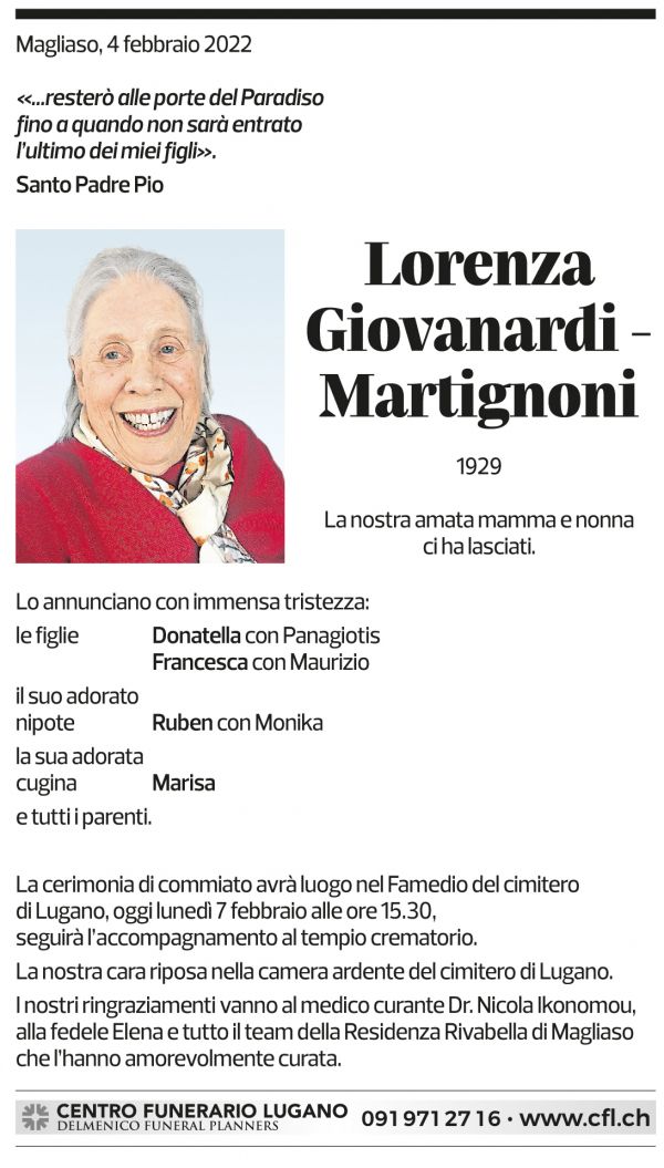 Annuncio funebre Lorenza Giovanardi-martignoni