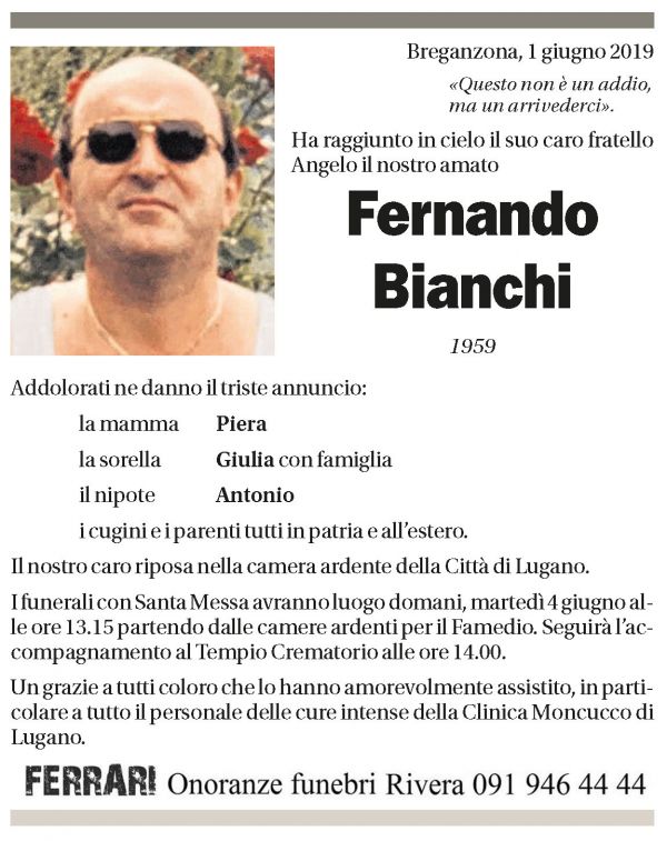 Annuncio funebre Fernando Bianchi