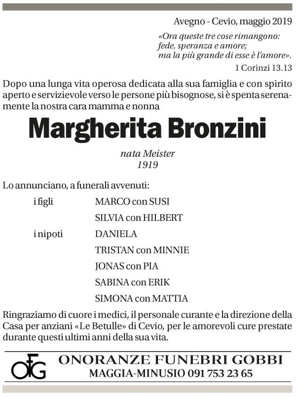 Annuncio funebre Margherita Bronzini