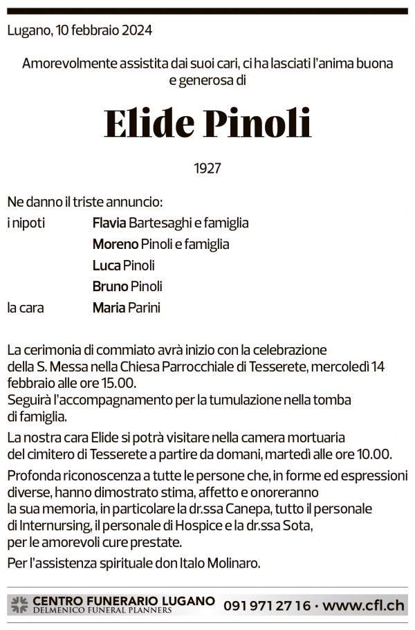 Annuncio funebre Elide Pinoli