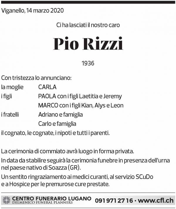 Annuncio funebre Pio Rizzi
