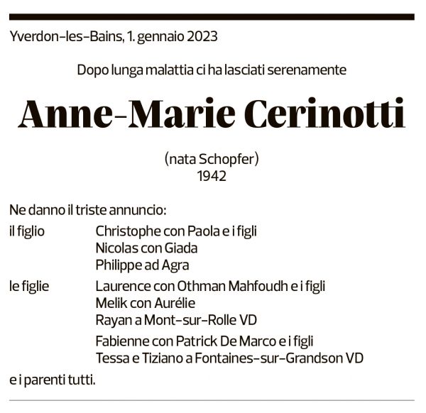 Annuncio funebre Anne-marie Cerinotti