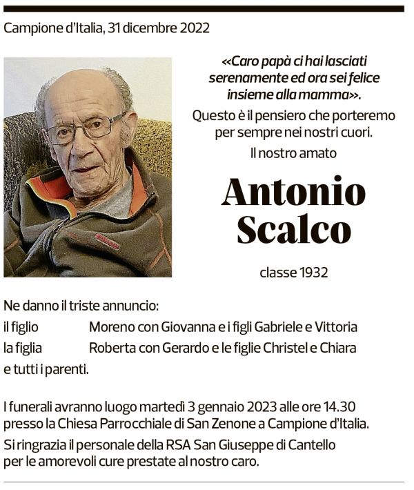 Annuncio funebre Antonio Scalco