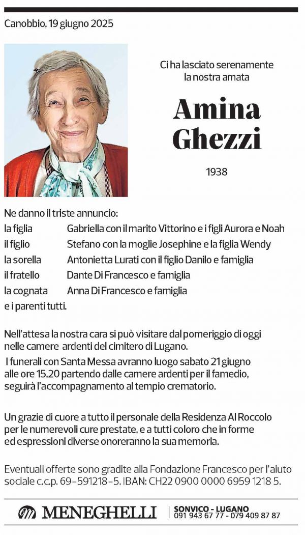 Annuncio funebre Amina Ghezzi
