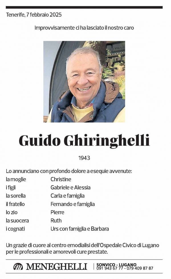 Annuncio funebre Guido Ghiringhelli