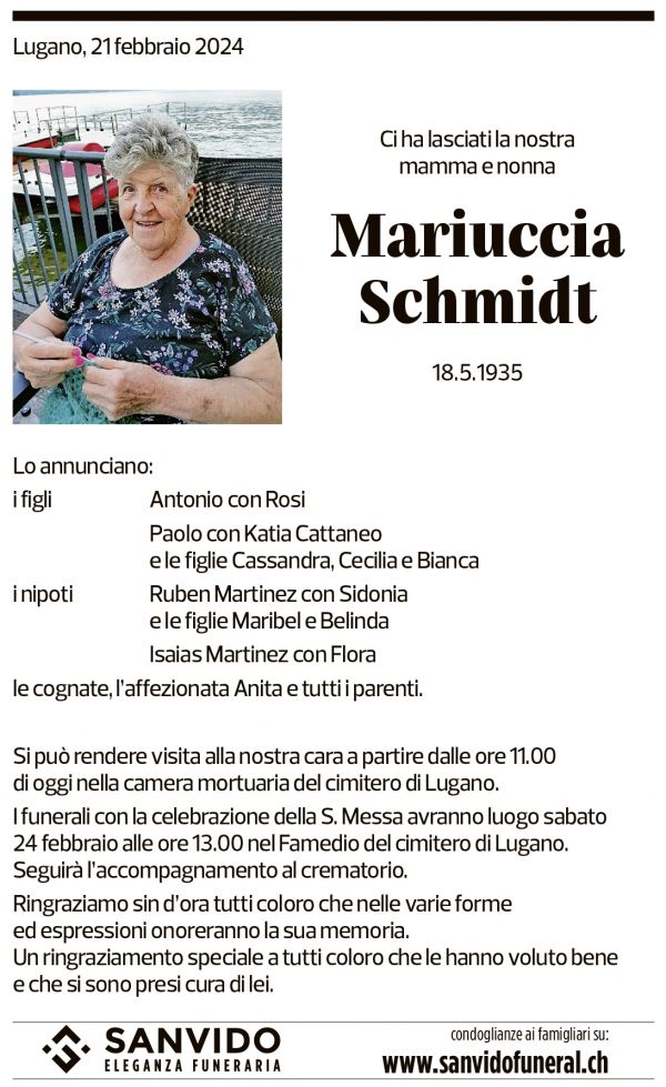 Annuncio funebre Mariuccia Schmidt