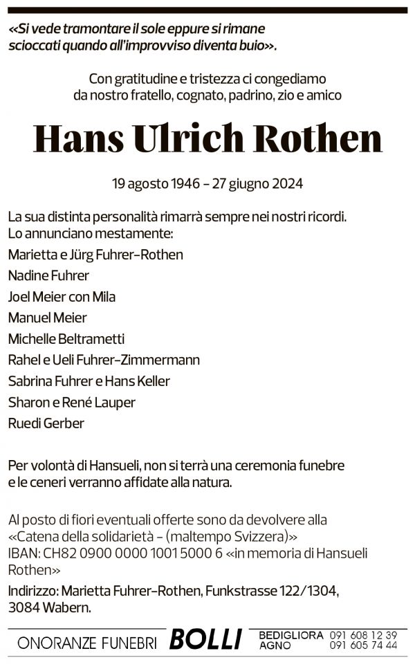 Annuncio funebre Hans Ulrich Rothen