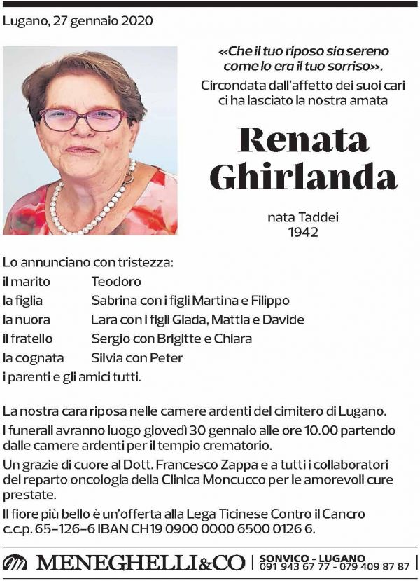 Annuncio funebre Renata Ghirlanda