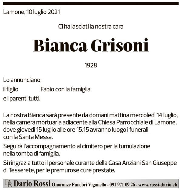 Annuncio funebre Bianca Grisoni