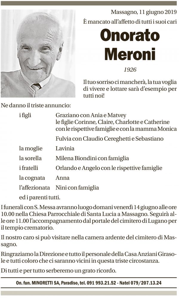 Annuncio funebre Onorato Meroni